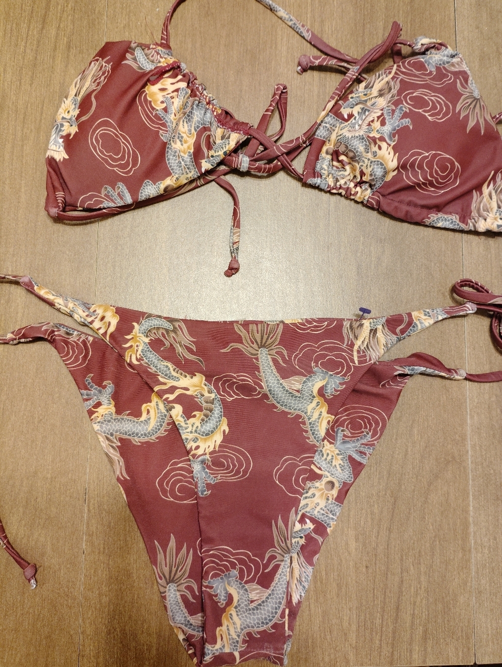 Women's Maroon Dragon Print Tie-Side Bikini